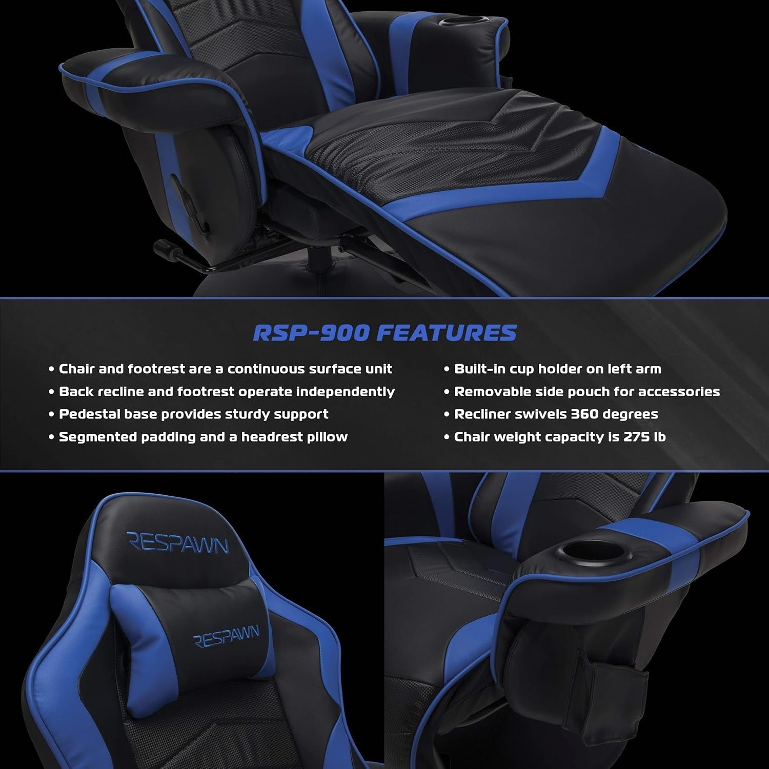 Blue 900 Gaming Recliner With Adjustable Leg Rest Cupholder-7