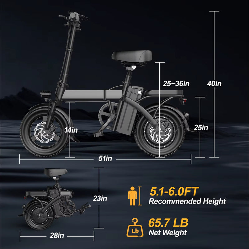 Electric Bike for Adults, Folding Electric Bike, 500W Peak Motor, Electric Bicycle with 14" Tire, 48V 20Ah/15Ah/10Ah Battery